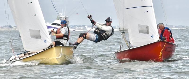 LYC Mobjack sailor Tony Ingram hikes out as far as possible as he and skipper Sarah Lester pass the LYC team of Paynter Ingram (Tony’s father) and Bert Keller. The Lester-Ingram team finished second overall, and the Ingram-Keller team was third.
